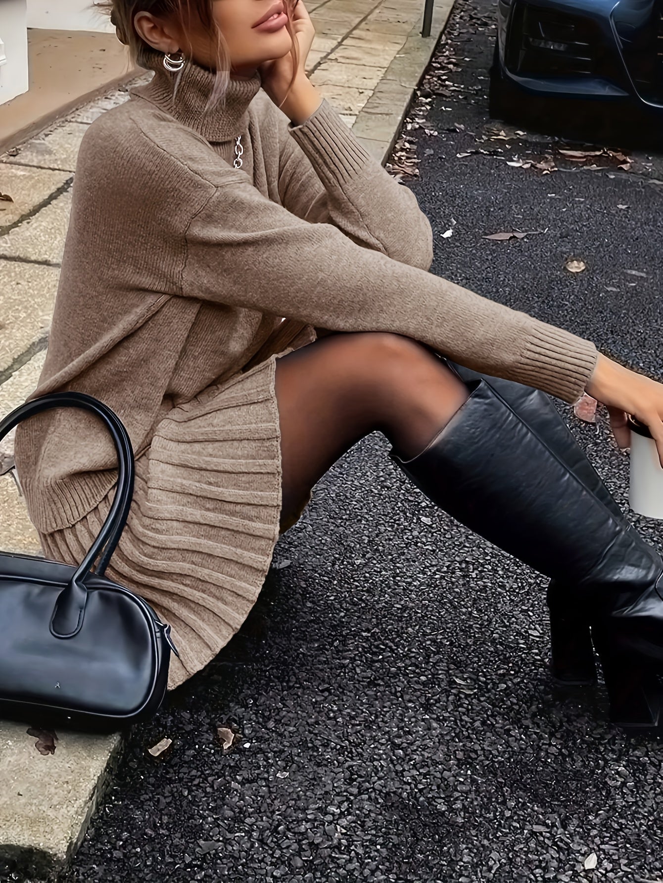 Stijlvolle en Elegante Minimalistische Lange Mouwen Trui met Midi Rok Tweedelige Set voor Vrouwen