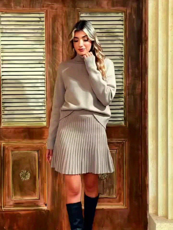 Stijlvolle en Elegante Minimalistische Lange Mouwen Trui met Midi Rok Tweedelige Set voor Vrouwen